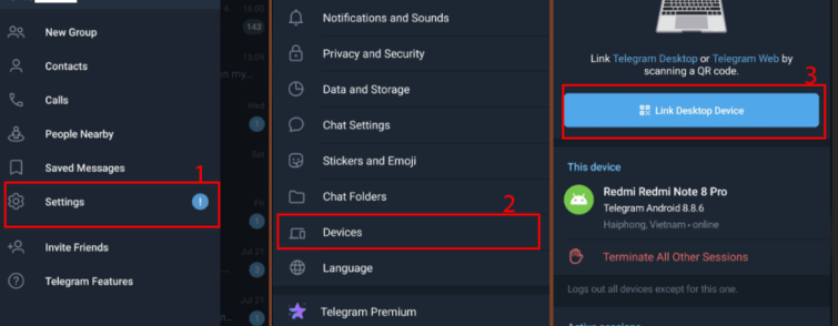Mở QR Telergam: Setting > Devices> Link Desktop Device” /></p>
<p><em>Hướng dẫn mở QR trong Telegram</em></p>
<h3>Bước 4: Quét Mã QR</h3>
<p>Giơ camera của điện thoại vào mã QR hiển thị trên màn hình máy tính. Sau khi quét thành công, bạn sẽ tự động được đăng nhập vào Telegram.</p>
<h3>Bước 5: Bắt Đầu Sử Dụng</h3>
<p>Giờ bạn đã có thể sử dụng Telegram ngay trên trình duyệt của mình. Chúc mừng bạn đã hoàn tất quá trình đăng nhập!</p>
<h2>Ưu Điểm của Telegram Web</h2>
<p><img decoding=